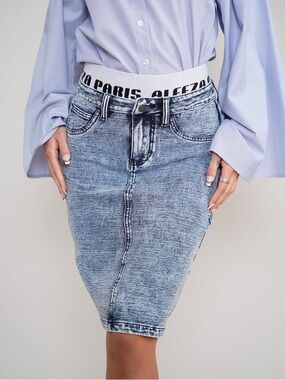 Aleeza Paris Denim Straight Skirt with Elastic Aleeza Waistband